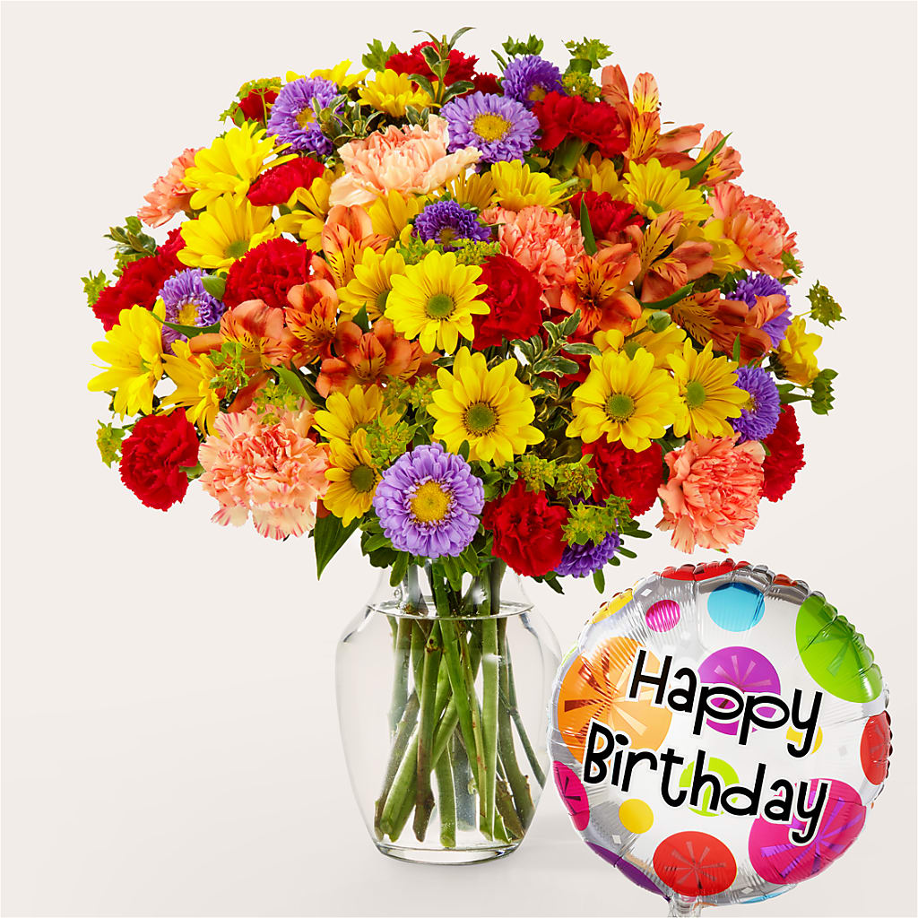 Kaleidoscope Bouquet with Birthday Balloon – GERLACHS GARDEN & FLORAL, Erie PA