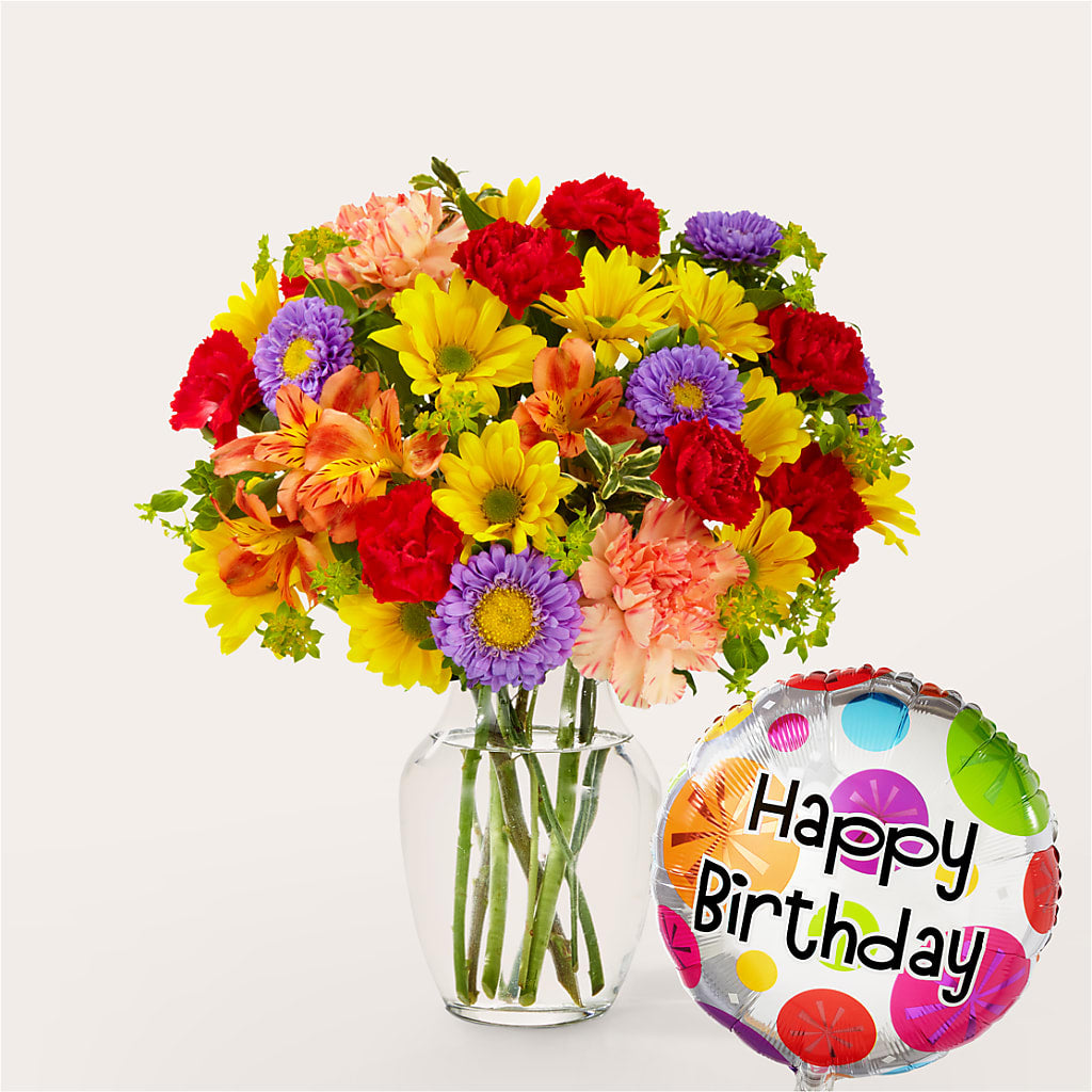 Kaleidoscope Bouquet with Birthday Balloon – GERLACHS GARDEN & FLORAL, Erie PA