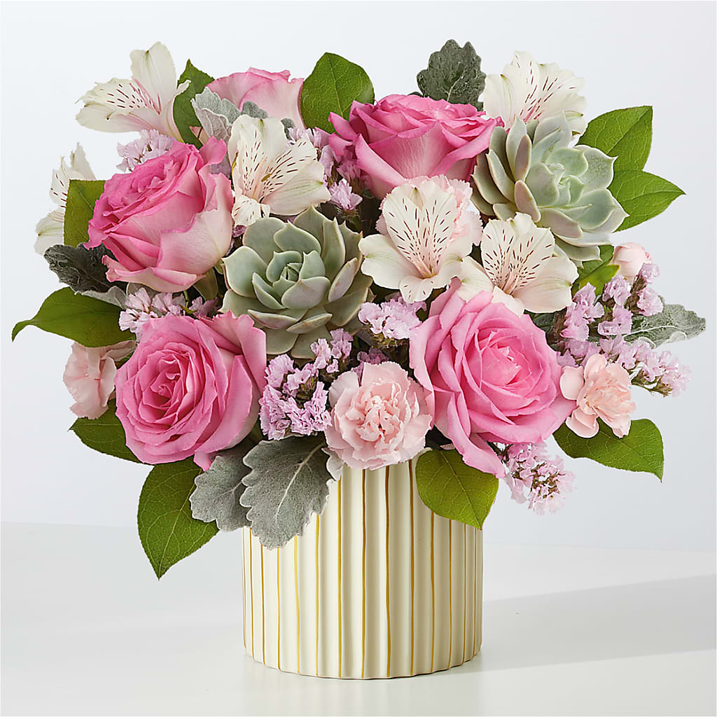 Dusty Rose Bouquet with Ivory Vase – GERLACHS GARDEN & FLORAL, Erie PA