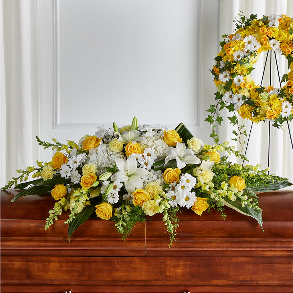 Golden Harmony Casket Spray – GERLACHS GARDEN & FLORAL, Erie PA
