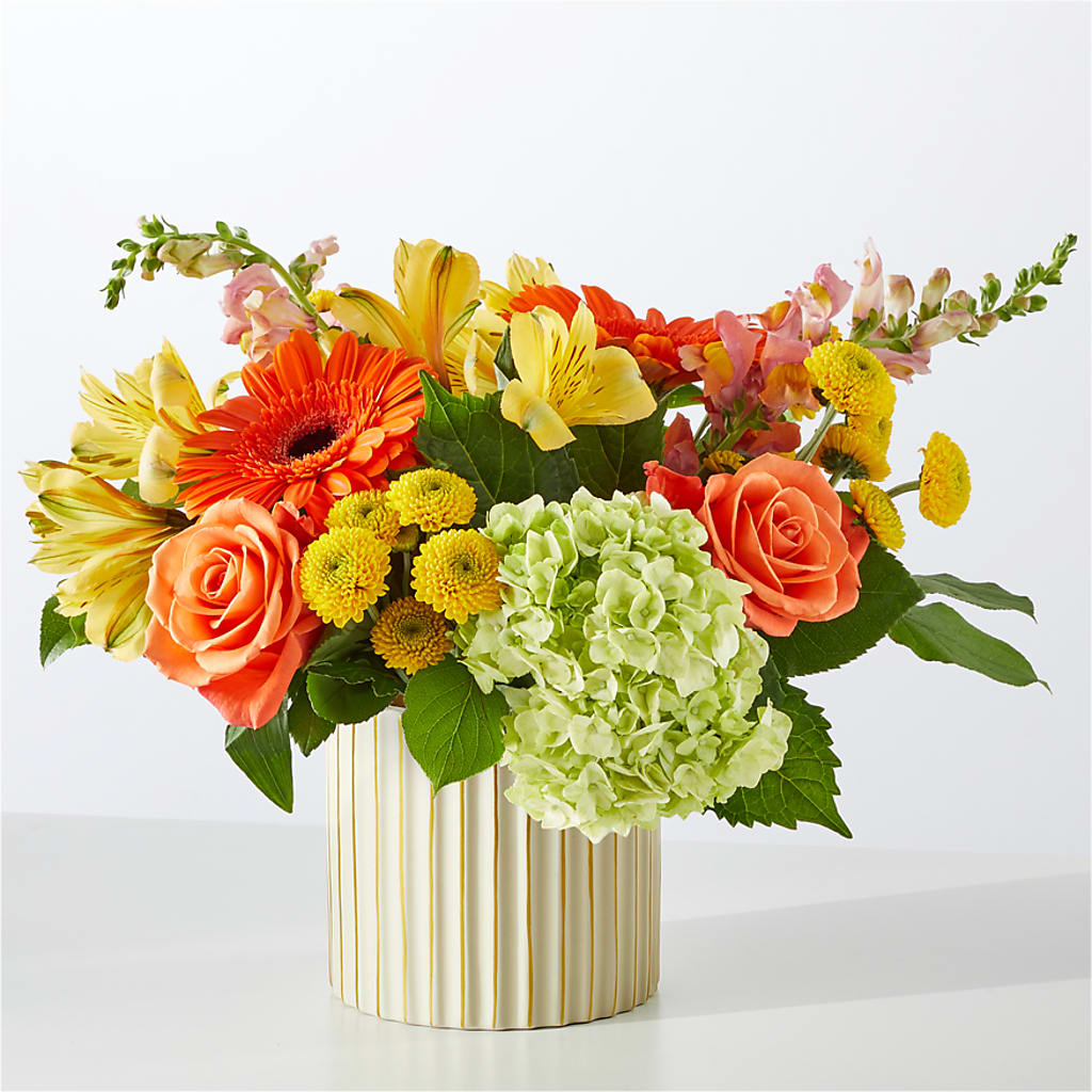 Autumn Sunshine Bouquet with Ivory Vase – GERLACHS GARDEN & FLORAL, Erie PA