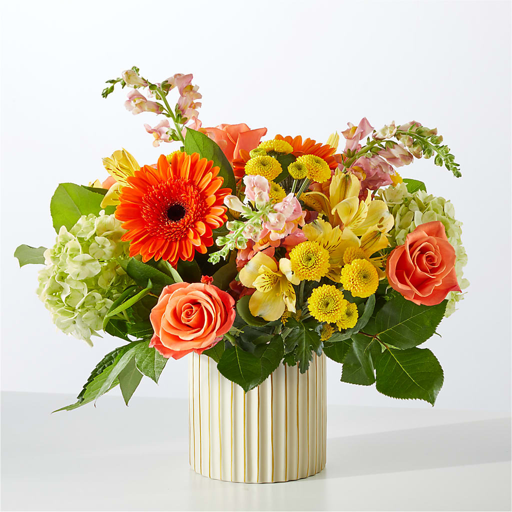 Autumn Sunshine Bouquet with Ivory Vase – GERLACHS GARDEN & FLORAL, Erie PA