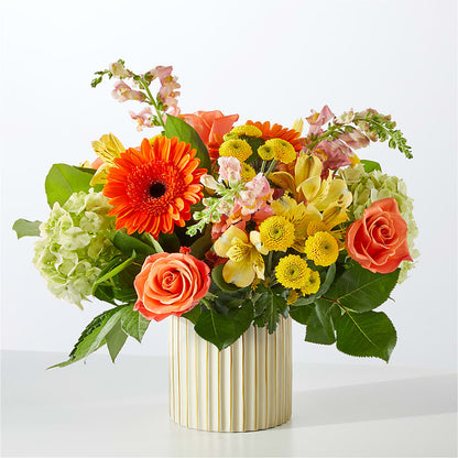 Autumn Sunshine Bouquet with Ivory Vase – GERLACHS GARDEN & FLORAL, Erie PA