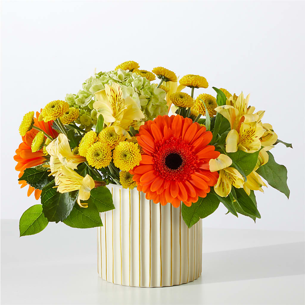 Autumn Sunshine Bouquet with Ivory Vase – GERLACHS GARDEN & FLORAL, Erie PA