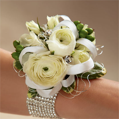 White Wedding Corsage – GERLACHS GARDEN & FLORAL, Erie PA